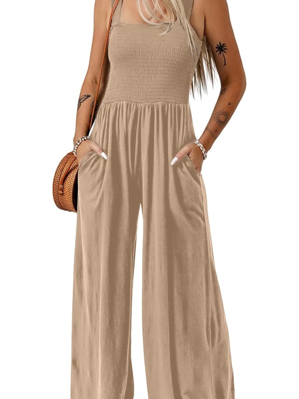 Amazon Wide-Leg Smocked Bodice Jumpsuit in Beige/Apricot